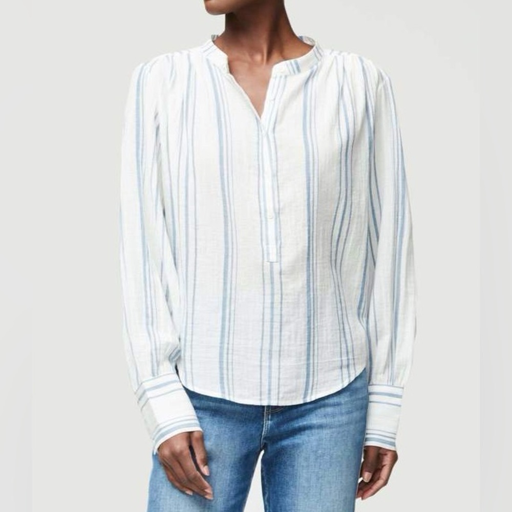 Frame Denim Button Up Gauze Cotton White Stripe Blue Long Sleeve Blouse EUC XS